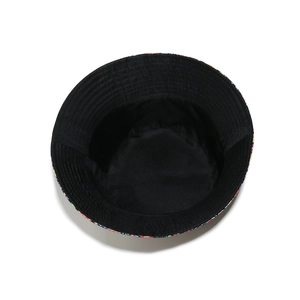 Detail view of the black cotton lining and durable stitched brim of the floral bucket hat