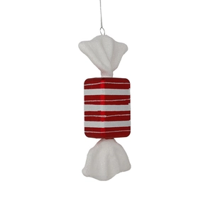 Red and white striped candy Christmas tree ornament with a metallic finish and silver string