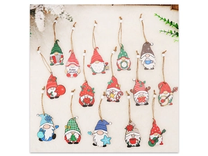 Detailed view of 15 various Christmas wooden gnome ornaments on a soft white background