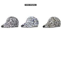 Detailed close-up of US dollar bill prints on baseball caps in three colorways