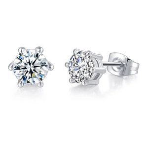 Macro view of six-prong setting detail and brilliant round cut zircon on silver earrings