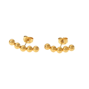18k gold plated stainless steel stud earrings with five beads in a curved geometry