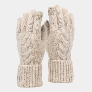 Detail of beige cable knit touchscreen gloves with ribbed cuffs for winter warmth