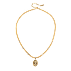 Gold stainless steel portrait pendant necklace with crystal snake chain on white background
