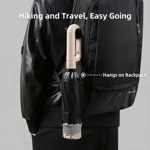 Automatic inverted umbrella with beige U-shaped hook handle hanging on a backpack
