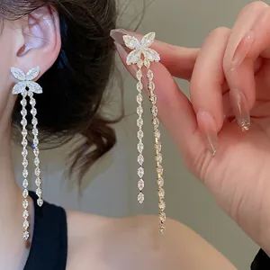 Butterfly Tassel Dangle Earrings Zircon Copper Gold Plated With 925 Sterling Silver Earring Post Elegant Long Drop Jewelry For Women