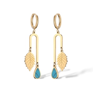 Gold leaf drop earrings with blue teardrop stone and U-shaped pendant on white background
