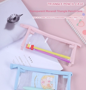 Macro detail of transparent Morandi triangular pencil case with leather edge stitching