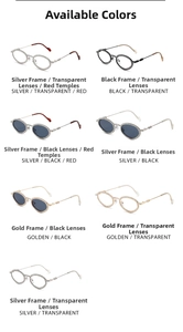 Detail view of oval rhinestone sunglasses in silver, black, and gold frame color options