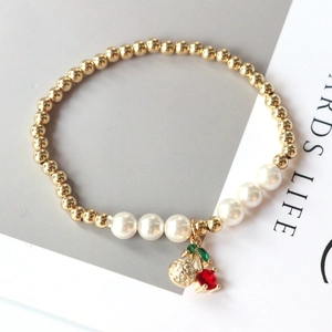 Gold plated cherry heart pendant bracelet with white faux pearls and beads for women