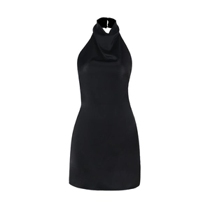 Detail of elegant black satin halter neck dress showing premium silk texture and slim fit