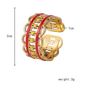 Vintage French style gold-plated open ring with red enamel columns and yellow dot details