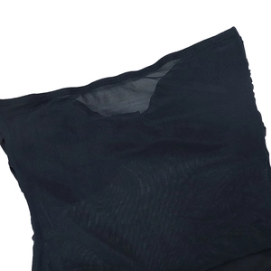 Detailed close-up showing black sheer mesh fabric texture and seamless hem finishing