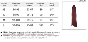 Detailed size chart for the halter neck backless satin evening gown with measurements