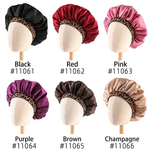 Elastic satin sleep bonnets in six assorted colors with stylish leopard print headbands