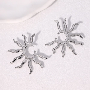 Minimalist silver sunburst stud earrings with polished metallic radial design