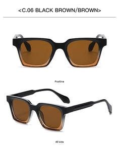 Detail view of square matte sunglasses in black brown gradient with brown lenses