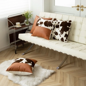 Cow print plush and brown leather patchwork decorative throw pillows set for sofa