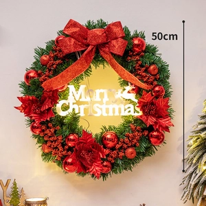 50cm pre-lit Christmas wreath with red bows, berries and glowing Merry Christmas sign