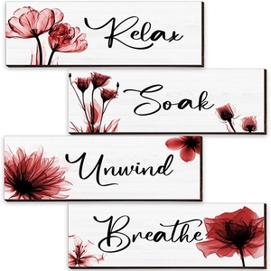 Lot de 4 plaques murales en bois style rustique avec fleurs rouges Relax Soak Unwind Breathe