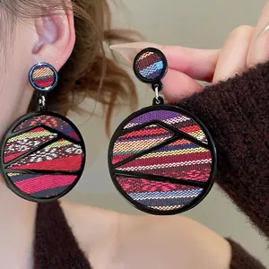 Bohemian large round drop earrings with multi-color striped woven patterns for women