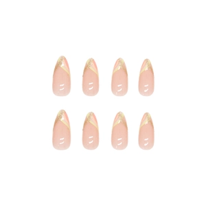 Almond-shaped press-on nails with warm gold glitter and colorful wavy line patterns