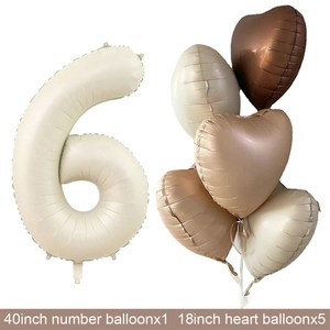 Creamy white 40-inch number 6 balloon set with earth-toned heart foil balloons for parties