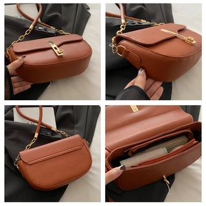 Detailed views of caramel litchi grain leather saddle bag with gold metal clasp