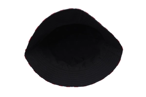 Reversible bucket hat with black interior and red and white stripes on the outer brim