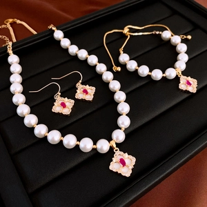 Vintage French Four Leaf Clover Drop Earrings Copper With Red Zircon White Enamel Steel Earring Post Gold Plated For Women