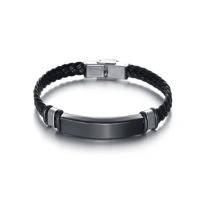 Men's braided black leather bracelet with stainless steel metal plate and secure clasp