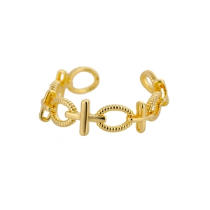 Detail of gold spiral ring band with alternating polished crosses and adjustable open design