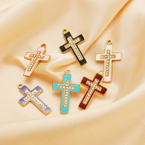 Colorful enamel cross pendants with zircons on silk background for DIY jewelry