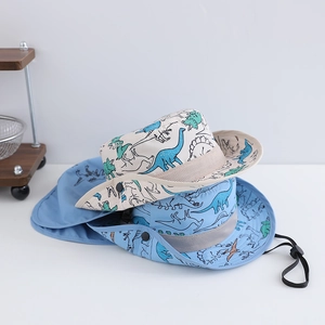 Close-up of kids dinosaur sun hats with breathable mesh and neck protection flap