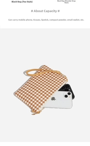 Detail view of woven pouch capacity showing smartphones and daily makeup essentials
