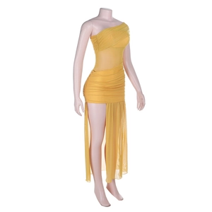 Detail view of yellow one-shoulder mesh dress with elegant side slit and ruched design