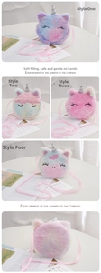 Vertical collage showing four colorful plush unicorn shoulder bags and strap details
