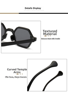 Detail view of black geometric hexagonal sunglasses with wide ergonomic temples