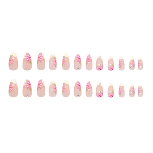 French lily almond press-on nails with pink floral art and sparkling diamonds 24pcs