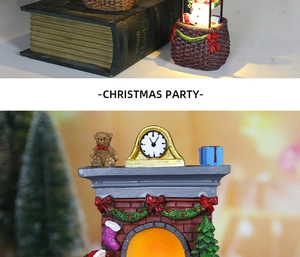 Close-up of glowing resin fireplace Christmas ornament with a festive holiday light feature