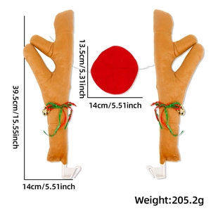 Detailed view of plush reindeer antlers and red nose car decoration with measurements