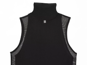 Detail of high neck sleeveless top featuring knit collar and black mesh splicing texture