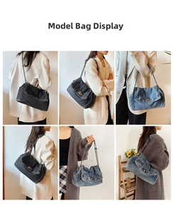 Detailed views of denim chain tote bag in black and blue showing fit on models