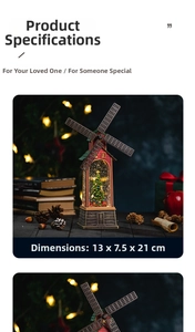 Red Christmas windmill lantern with glowing miniature tree, size 13x7.5x21cm