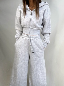 Women's heather grey two-piece tracksuit with cropped zip hoodie and wide-leg sweatpants