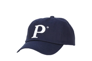 Close-up of white P letter embroidery on high-quality navy blue cotton baseball cap