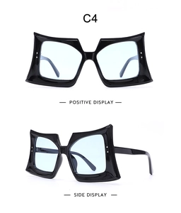 Front and side views of stylish black square sunglasses with blue lenses for women