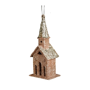 Glittery rose gold church ornament for Christmas tree decoration with silver hanging string