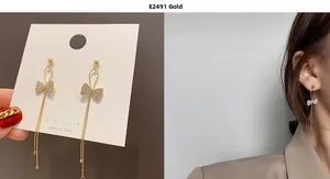 Detail view and model shot of elegant gold bow tassel earrings with sparkling zircons