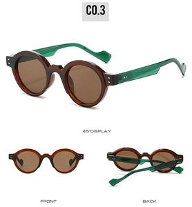 Detailed multi-angle views of round steampunk sunglasses with brown lenses and green temples